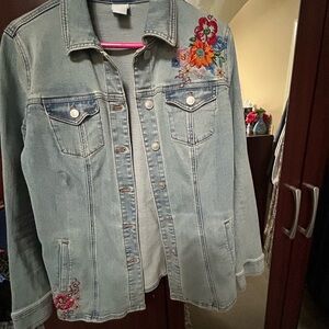 Chico's Light Blue Jean Jacket with Floral Embroidery